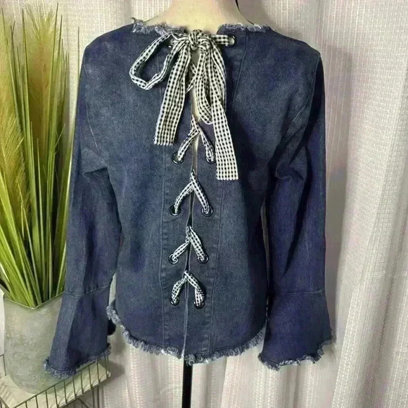 Moelleux Womens M V-Neck Denim Bell Sleeves Frayed Hem Laced Back Hobo Tunic Top - Picture 5 of 10